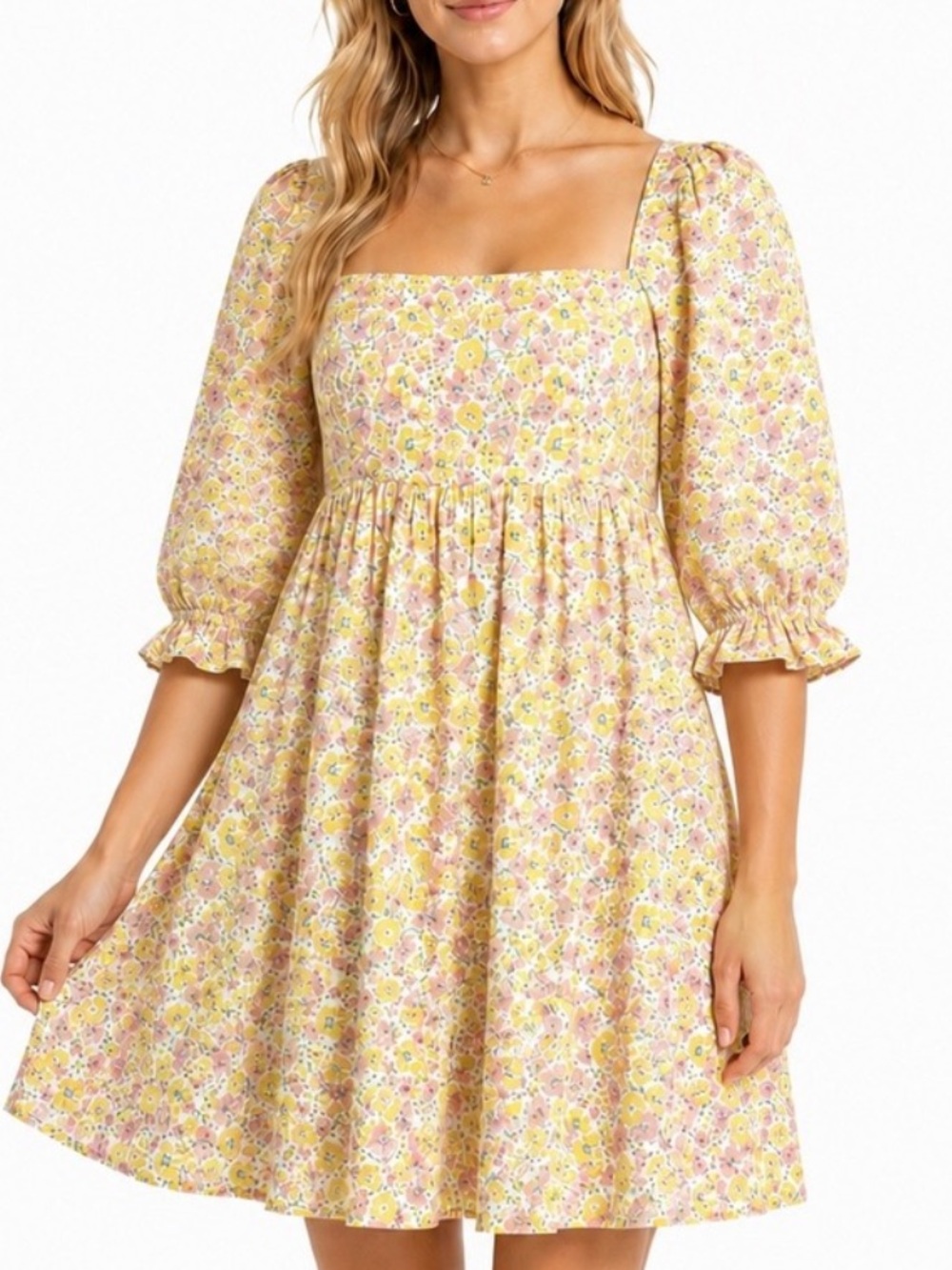 Storia Yellow Floral Dress Puff Sleeve Mini Flowy Cottagecore Praire Size Small